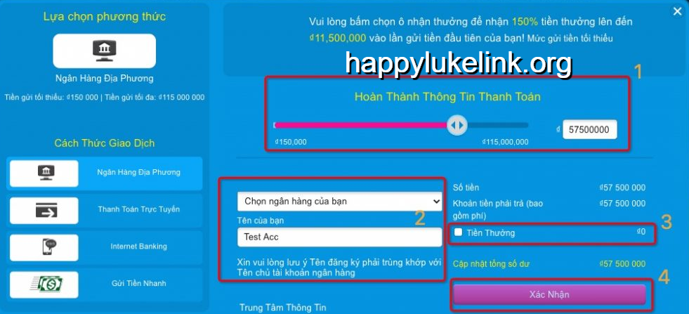 Gửi tiền tài khoản Happyluke bằng chuyển khoản ngân hàng