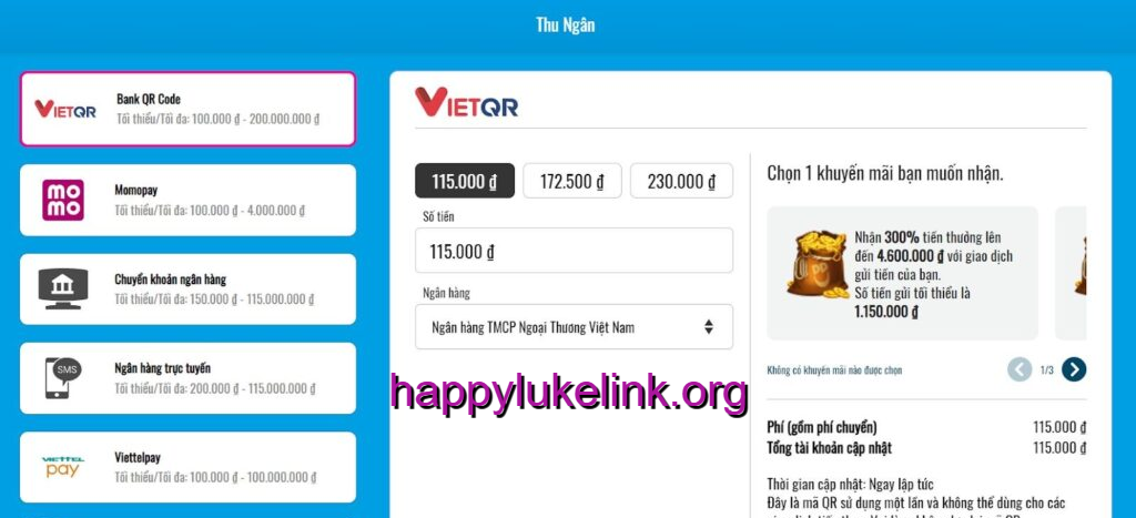 Nạp tiền Happyluke bằng Bank QR Code